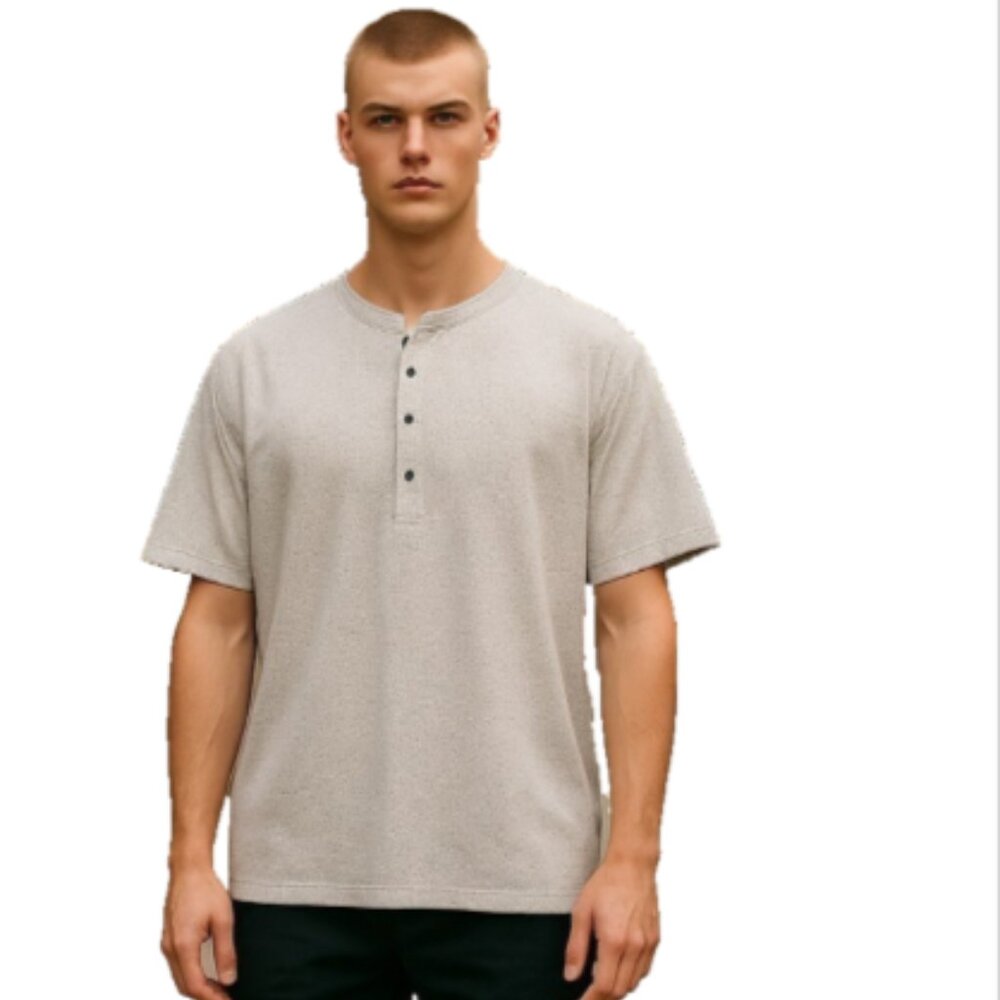 Men’s Henley Shirt Sz 3XL NEW Taupe Short Sleeve Lightweight Printed Button